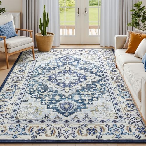 Lessymo Washable Area Rug 5x7 for Living Room, Soft Bedroom Rugs Dark Blue by Lessymo