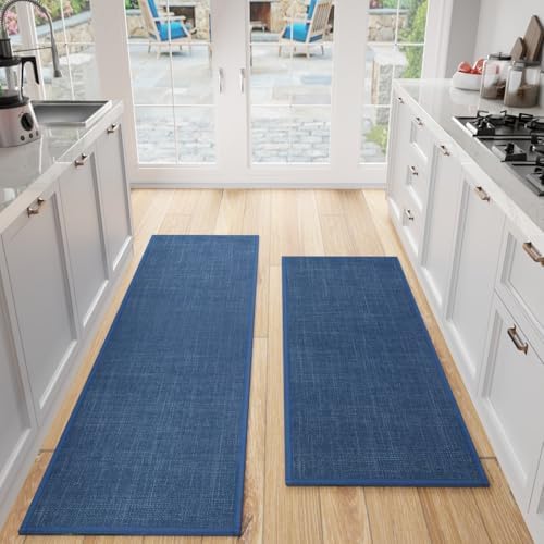 Kitchen Mats Set of 2 PCS for Floor, Washable Non Slip Rugs, Dark Blue by SUMLANS
