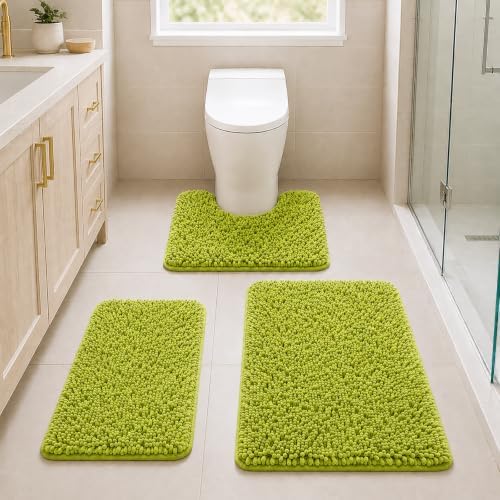 Lime Green Bathroom Rug Set - Extra Soft 3 Piece Anti-Slip Bath Mats, Plush Chenille Shaggy Mat for Living Room, Bedroom, Floor - Water Absorbent Soft Rug by RUNHELIX