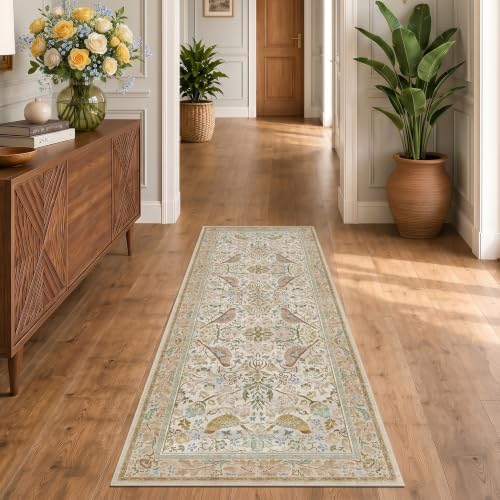 Hazo Haus Boho Long Bathroom Runner Rug 2x6 - Floral & Bird Runner Rug for Kitchen Floor, Hallway, Laundry Room, Bedroom, Entrance, Beige Neutral Vintage Decor, Washable Non Slip Low Pile by HazoHaus