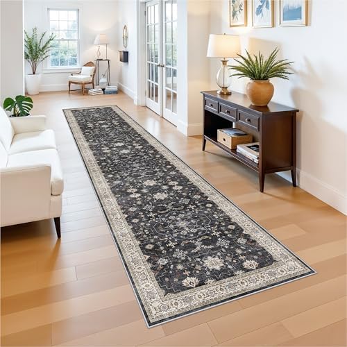 Hallway Washable 2'6x12 Runner Rug - Vintage Kitchen Rugs Non-Slip Soft Thin Farmhouse Carpet for Entryway Low Pile Indoor Floor Decor Mat for Bathroom Living Room Bedroom (Black/Multi,2'6"x12') - Image 2