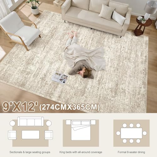DMOYEST Area Rug Living Room Rugs - 9x12 Abstract Large Soft Indoor Washable Rug Neutral Modern Low Pile Carpet for Bedroom Dining Room Farmhouse Home Office - Vintage Beige - Image 4