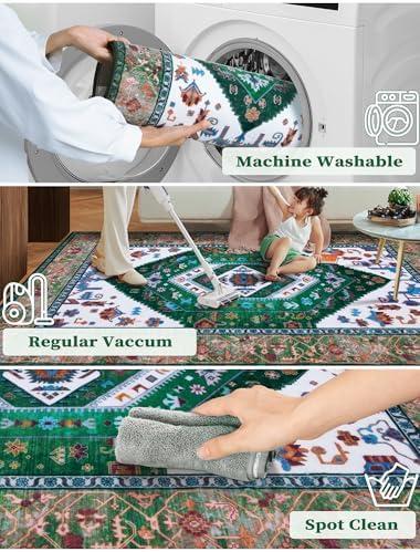 SERISSA 2x5 Washable Non Slip Boho Runner Rug for Hallway，Green White - Image 2
