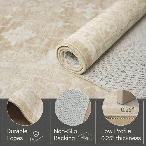 Beige Farmhouse 10x14 Area Rugs for Living Room, Neutral Creamy Sandy Gold Washable Large Rug for Bedroom Under Bed with Distressed Geometric Design, Soft Stain Resistant Low Pile Non-Slip - Image 4