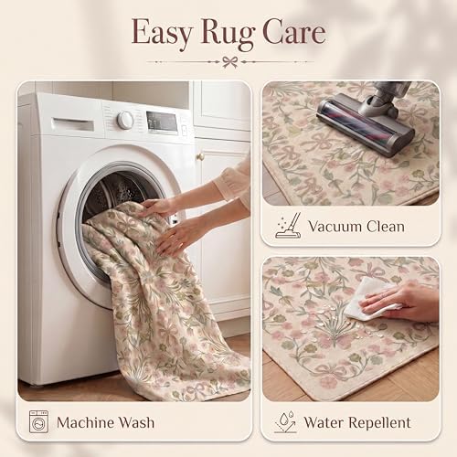 4ft Pink and Green Floral Butterfly Bow Round Nursery Rug - Image 6