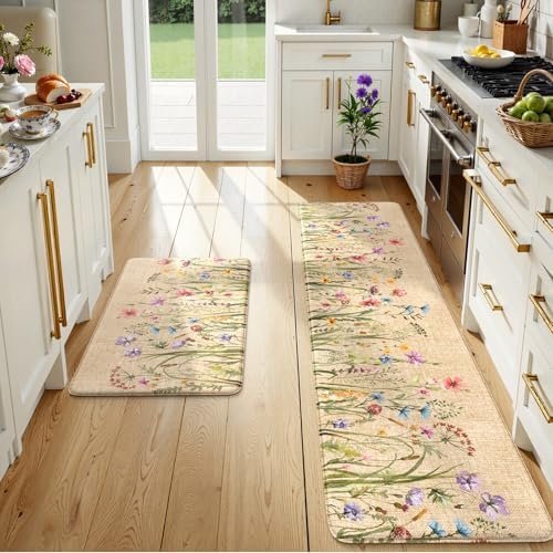 KIMODE Kitchen Anti Fatigue Mats, Farmhouse Flower Kitchen Rugs Sets of 2 by StayinComfortCookwithJoy