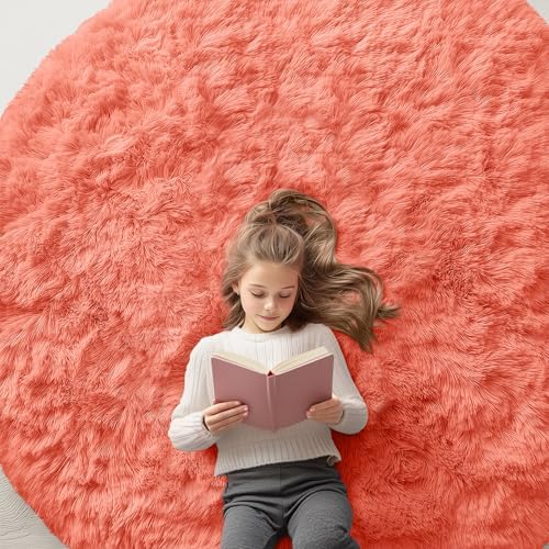 OLANLY Coral Red Round Rugs for Bedroom - Machine Washable, 6 ft Circle Area Rugs for Living Room, Soft and Fluffy Shaggy Carpet for Teen Girl and Boys, Nursery Rooms, Dorms, Home Decor Aesthetic by OLANLY
