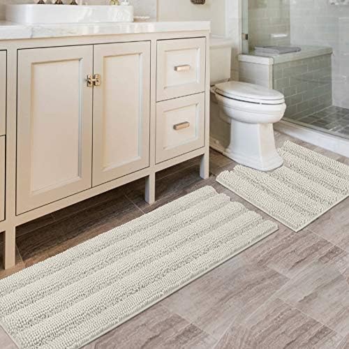 H.VERSAILTEX Bathroom Rugs Bath Rug Set 2 Piece Bathroom Contour Rug Toilet Mat Sets Non Slip Contour Bath Rug Ultra Thick Water Absorbent Striped Bath Mats Washable(47" x 17" Plus 20" x 20" U, Cream) by HVERSAILTEX