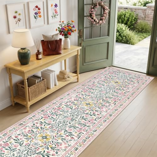 PLHXFR 2x5 Washable Runner Rug：Floral Indoor Kitchen Carpet Pink Green - Image 2