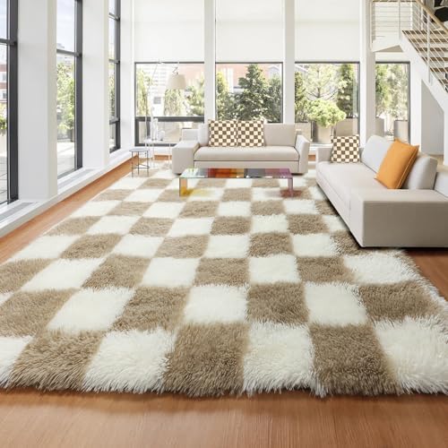 KICMOR Rugs for Living Room 7x10 Area Rug, Beige and Cream White Large Fluffy Shag Shaggy Fuzzy Checkered Bedroom Big Carpet, Soft Plush Rug for Kids Boys Girls Dorm Nursery Home Decor Aesthetic - Image 7