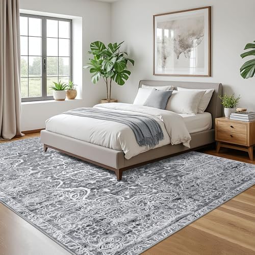 KUTA Vintage Floral Area Rug 9x12 Washable Large Rug Grey Blue White - Image 3
