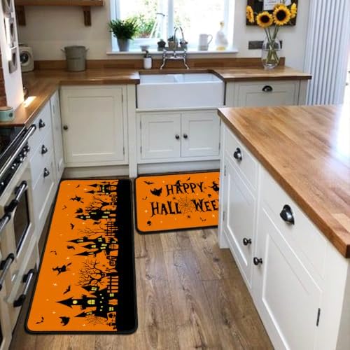 Halloween Kitchen Rugs and Mats Set of 2,Scary Pumpkin Ghost Witch Floor Mats,Non Slip Washable Anti Fatigue Kitchen Runner Rug for Kitchen Sink Front Laundry Room Halloween Decor,17x30+17x47In - Image 4