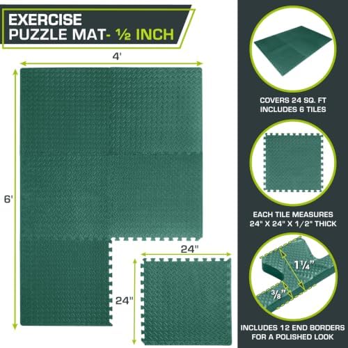 ProsourceFit Exercise Puzzle Mat 1/2-inch, EVA Interlocking Foam Floor Tiles for Home Gym, Workout Equipment, Kids Play Areas, Green, 24 SQ FT - 6 Tiles - Image 2