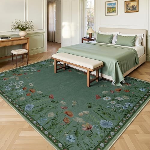 5x7 Area Rugs, Rug for Bedroom, Indoor Non-Slip Washable Rugs for Living Room, Dining Room, Low Pile Home Decor Floral Rug(Green) - Image 3