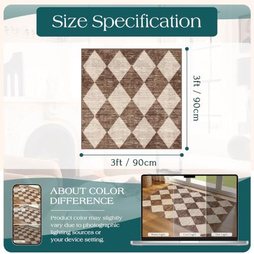 3x3 Square Entryway Rug - Non-Slip Washable Front Door Mat Indoor Outside Entrance Small Porch Rug Rustic Brown Beige Checkered Throw Rugs for Entryway Kitchen Bedroom Office Front Porch Decor - Image 2