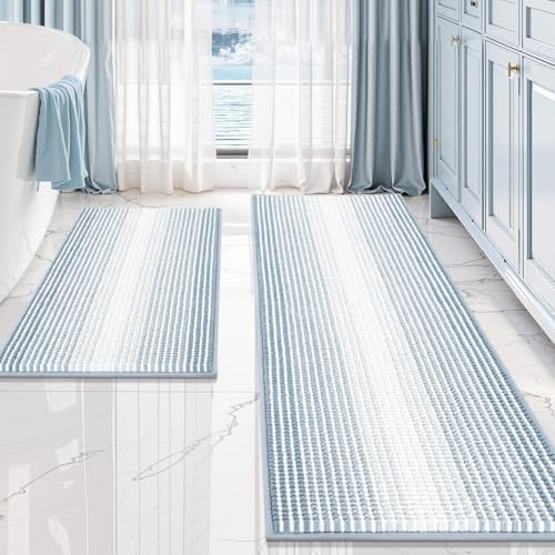 BSICPRO Bathroom Rugs Sets 2 Piece, Non Slip Striped Bath Mats, Ice Blue by BSICPRO