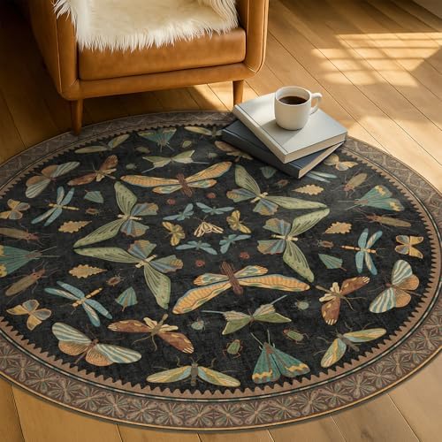 Black Boho 5ft Round Throw Rugs for Living Room - Dark Unique Insect Print Large Entryway Rug, Low Pile & Soft Carpet for Bedroom Beside Bed, Kids Playroom, Non Slip Stain Resistant Home Décor by HazoHaus