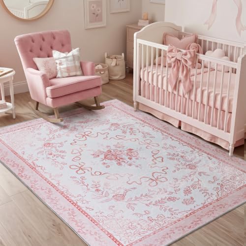 Pink Vintage Floral Nursery Rug Girl 5x7, Bow Room Decor Baby Toddler Rug for Girls Room, Light Pink Cutecore Kawaii Kids Playroom Rug for Little Girls Bedroom, Alfombra para Bebes by Unknown