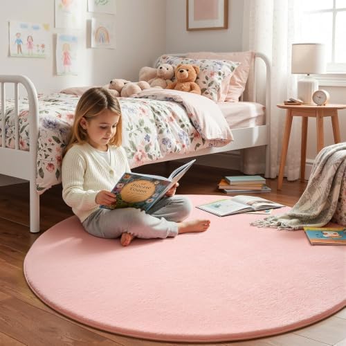 Amearea Pink Round Area Rug 4ft Washable Circle Rug for Bedroom Living Room - Image 2