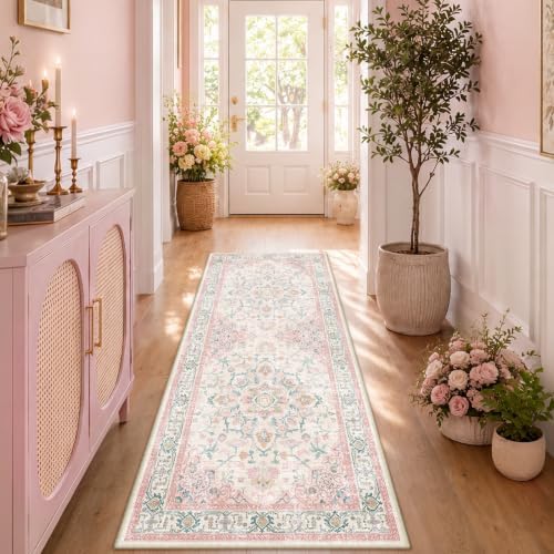 CAPALOCA Runner 2x6 Washable Nursery Girls Low Pile Area Rug Pink Teal by CAPALOCA