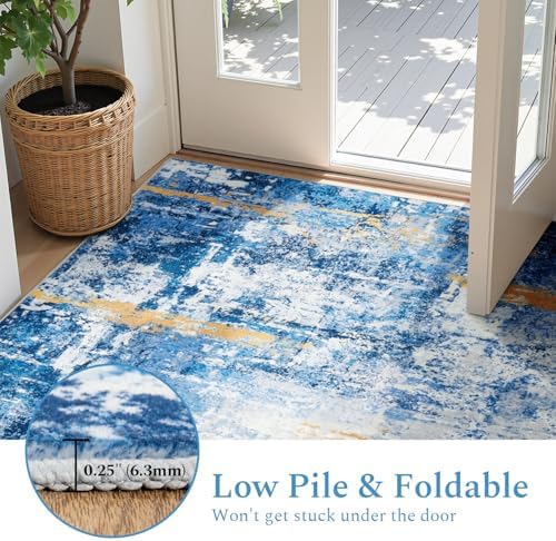 Rugflix 5x7 Area Rugs for Living Room, Washable Sky Blue Gold Large Rug - Image 5