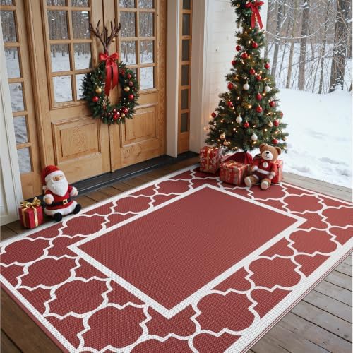 GENIMO Outdoor Rug, Waterproof Plastic Rugs for Patio, 6'x9' Red White - Image 2