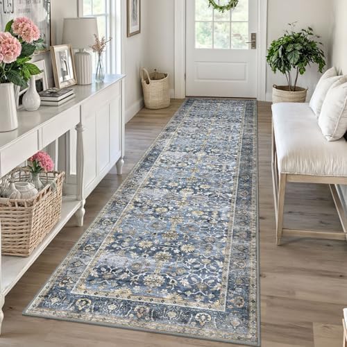 KUTA Vintage Washable Runner Rug 2.6x10 Blue Grey Beige Hallway Runner by KUTA