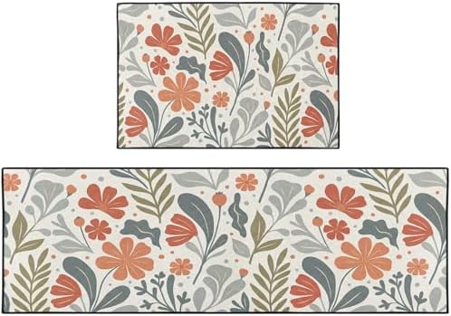 Kitchen Rugs Set of 2 Non Slip WashableFloral Boho by Nesphy