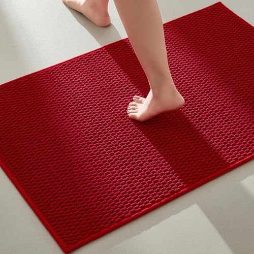 TYUU Christmas Bathroom Rugs Non Slip Washable, Super Absorbent Thin Bath Mat Quick Dry Low Pile Bathroom Rug, Red 24"x36" by TYUU