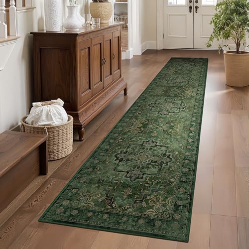 Dark Green Runner Rug 2x10 for Hallways, Retro Distressed Moody Medallion Long Carpet Runner for Entryway Mudroom, Low Pile Thin Soft Kitchen Bathroom Runner Rug Non Slip Washable by Jainmy