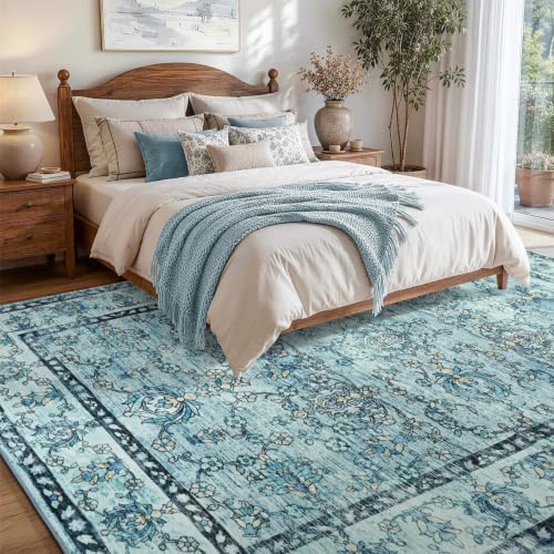 6x9 Ft Vintage Area Rugs for Living Room, Thin Soft Washable Carpet Blue - Image 3