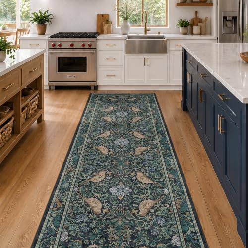 Hazo Haus Boho Blue 2x7 Extra Long Runners for Large Kitchen - Vintage Floral Runner Rug for Bathroom, Hallway, Laundry Room, Bedroom, Entrance, Washable Non Slip Low Pile by HazoHaus