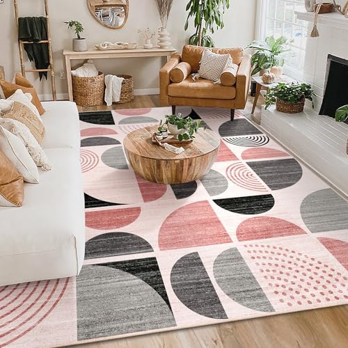 MUJOO Pink Washable Rugs 8x10,Boho Area Rugs Non Slip Modern Abstract - Image 2