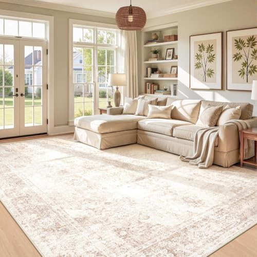 Area Rug 9x12 Vintage Rug: Large Washable Indoor Medallion Rugs Low Pile Distressed Floor Carpet Retro Accent Rug for Living Room Bedroom Kitchen Dining Table Home Office(Retro Beige, 9'x12') by ZomfyRugs