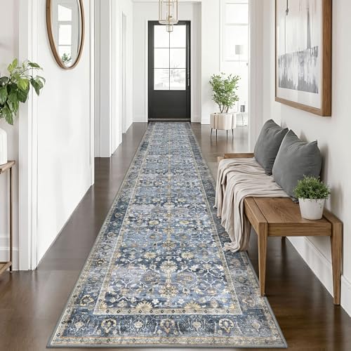 KUTA Vintage Washable Runner Rug 2.6x14 Hallway Runners Blue Grey Beige by KUTA