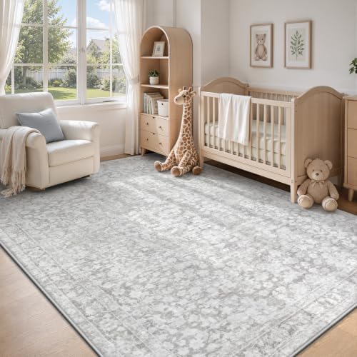 6x9 Area Rugs for Living Room: Boho Vintage Washable Rug Non-Slip Soft Stain Repellent Area Rugs Indoor Low-Pile Carpet for Bedroom Nursery Office Dining Room Playroom Farmhouse (Grey, 6'x9') - Image 3