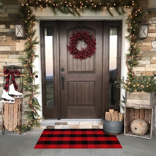 Christmas Plaid Outdoor Rug, 2' x 4'3'' Red & Black Check Indoor/Outdoor Area Rug, Layering Rug for Hello/Welcome Door Mat, Machine Washable Cotton Woven Rug for Farmhouse Front Porch, Entryway - Image 2