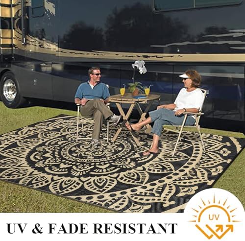 Bsmathom Waterproof Outdoor Rug 6'x9' Reversible Boho Plastic Straw Patio Deck Camping Rugs, Indoor Outdoor Portable RV Mat Clearance Carpet for Outside, Porch, Balcony, Backyard, Beach, Pool,Black - Image 5
