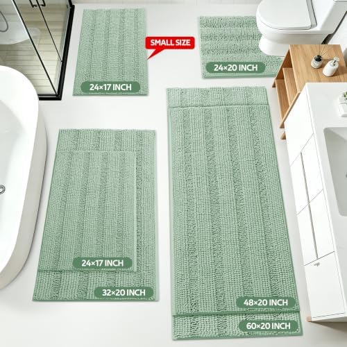Christmas Striped Sage Green Bathroom Rug Mat Set 2 piece 24"x17"+48"x20" Ultra Soft, Non Slip Chenille Bath Rugs, Absorbent Plush Shaggy Bath Mats for Bathroom, Bedroom, Kitchen, Shower, Tub - Image 2