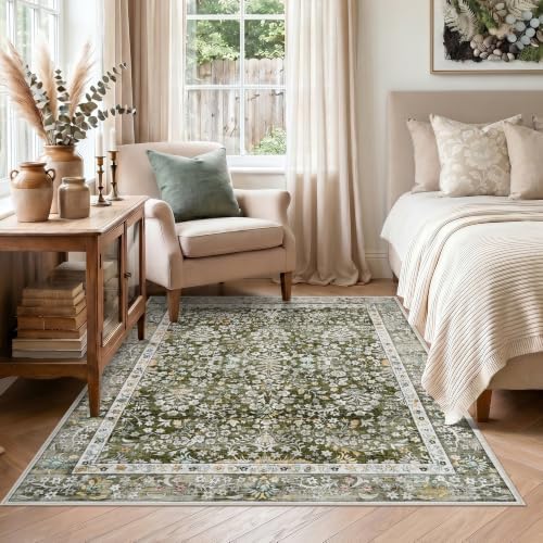 Vintage 5x7 Area Rugs Washable: Sage Green Botanical Rug for Living Room - Image 4