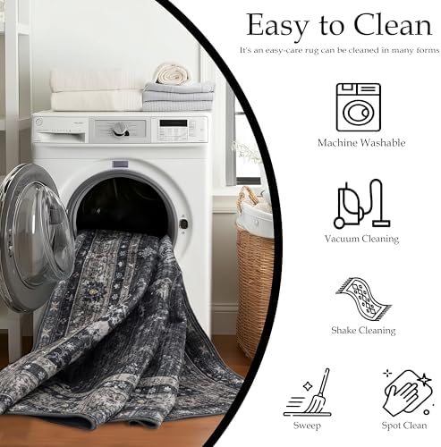 Ruaruarug Washable Area Rug 8×10 for Living Room, Ultra Soft, Black Gray - Image 4