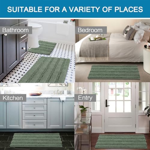 H.VERSAILTEX Bathroom Rugs Bath Rug Set 2 Piece Bathroom Contour Rug Toilet Mat Non Slip Contour Bath Rug Ultra Thick Water Absorbent Striped Bath Mats Washable(47" x 17" Plus 20" x 20" U, Green Bay) - Image 6