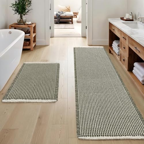 MIULEE Set of 2 Waffle Bathroom Rugs Green&Cream Bath Mat 17"x24"+17"x48" by MIULEE