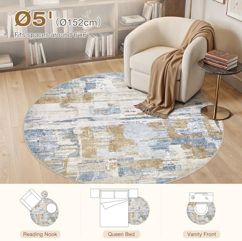 kakania Abstract 5x5 Round Rugs for Living Room: Circle Rugs 5FT Blue Gold - Image 2