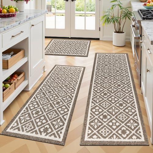 Ileading Kitchen Mat Sets 3 Piece Washable Brown Kitchen Floor Runner Rugs by Ileading