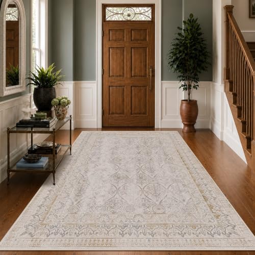 Ivory Vintage Washable 5x7 Area Rug for Small Living Room, Non-Slip Distressed Rug for Entryway & Bedroom, Low Pile Stain Resistant Floor Carpet, Modern Farmhouse Décor - Image 3
