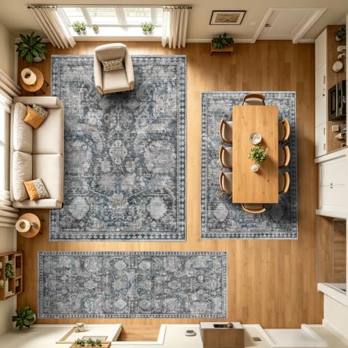 RUGSURE Washable Area Rugs - Perfect for Living Room, Bedroom, Kids Room, Nursery - Stain & Water Resistant Non-Slip, Pet & Child Friendly, Vintage Tribal Area Rugs (Grey and Blue, 5' x 7') - Image 5