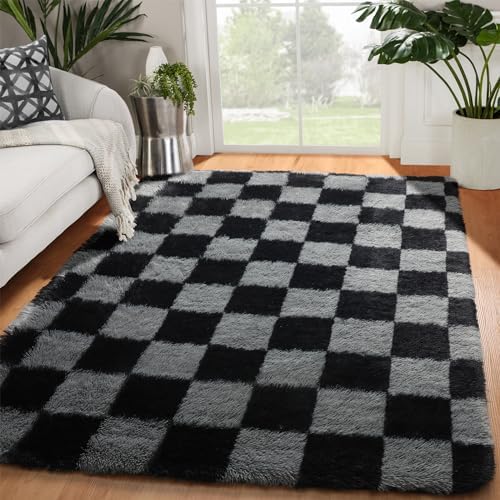 KICMOR Black and Grey Area Rug for Bedroom, 4x6 Fluffy Fuzzy Shag Checkered Rugs Shaggy Carpet for Living Room, Soft Plush Furry Bedside Rug for Kids Boys Room, Guest Room, Home Office Reading Nook by KICMOR