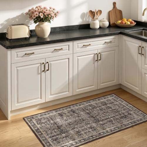 Washable Small Door Rug 2'x4', Vintage MCM, Black/Brown/Beige - Image 3