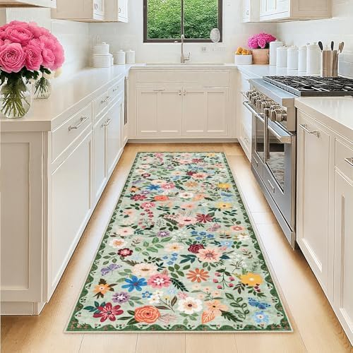 PLHXFR 2x5 Washable Runner Rug：Floral Indoor Kitchen Soft Carpet Green by PLHXFRSoftAreaRugs
